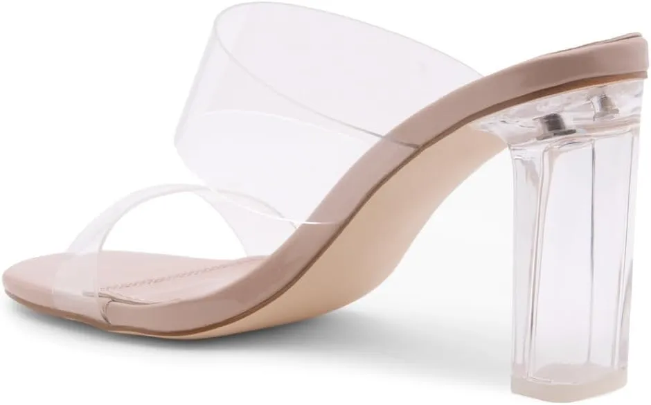 Shoe Land Brienna Women's Clear Heels Chunky Block Heeled Slides Open Toe Two Band Slip-On Mules  Dressy Heeled Sandals for Prom, Wedding, and Party