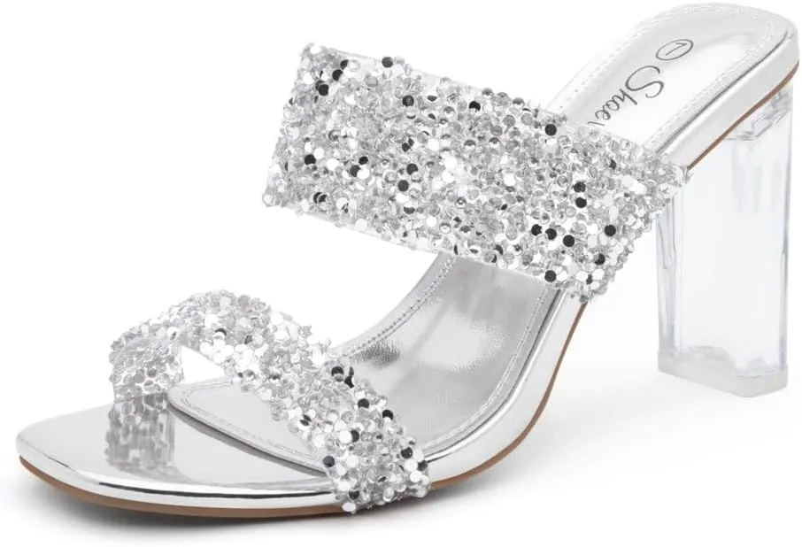 Shoe Land Brienna Women's Clear Heels Chunky Block Heeled Slides Open Toe Two Band Slip-On Mules  Dressy Heeled Sandals for Prom, Wedding, and Party