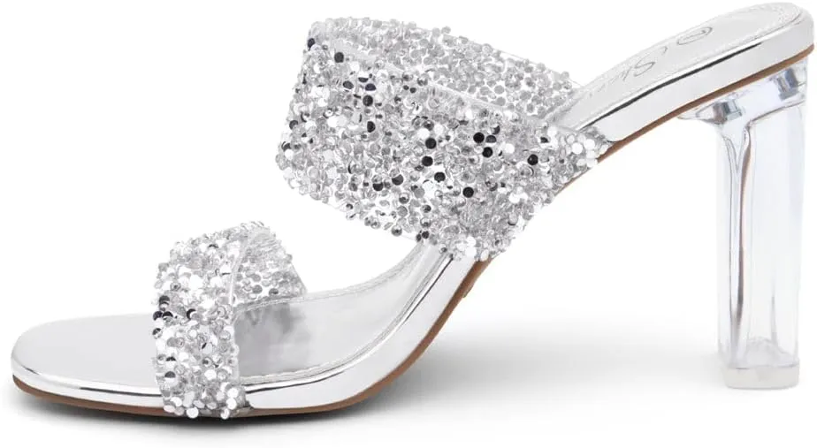 Shoe Land Brienna Women's Clear Heels Chunky Block Heeled Slides Open Toe Two Band Slip-On Mules  Dressy Heeled Sandals for Prom, Wedding, and Party
