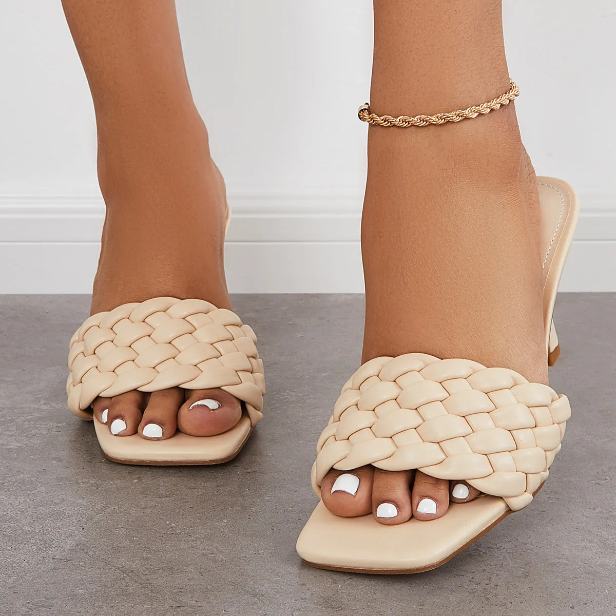 Sohiwoo  Imilybela Braided Stiletto Heel Sandals Square Toe Woven Heeld Mules