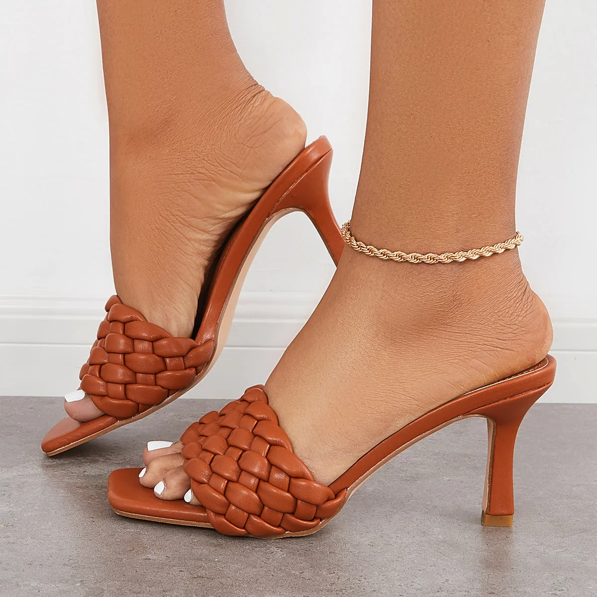 Sohiwoo  Imilybela Braided Stiletto Heel Sandals Square Toe Woven Heeld Mules