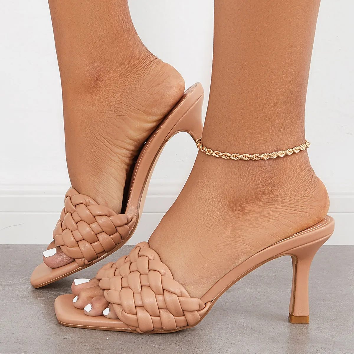 Sohiwoo  Imilybela Braided Stiletto Heel Sandals Square Toe Woven Heeld Mules