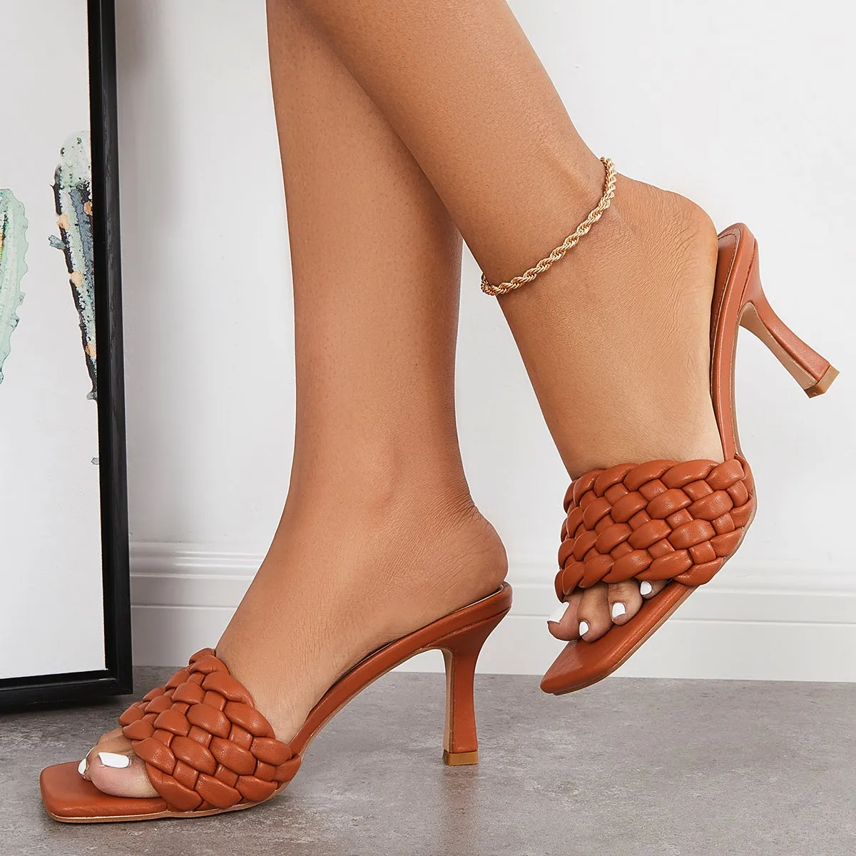 Sohiwoo  Imilybela Braided Stiletto Heel Sandals Square Toe Woven Heeld Mules