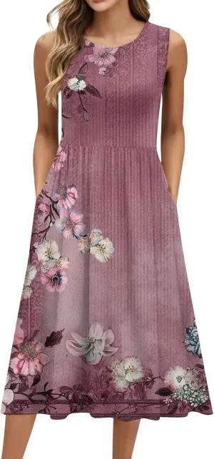 Summer Dresses for Women 2025 Crew Neck Sleeveless Dress Boho Beach Vacation Dress Floral Midi Dress with Pockets