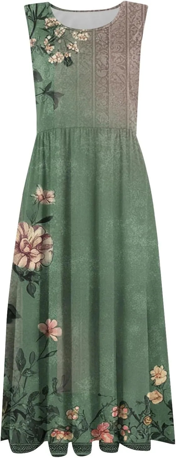 Summer Dresses for Women 2025 Crew Neck Sleeveless Dress Boho Beach Vacation Dress Floral Midi Dress with Pockets