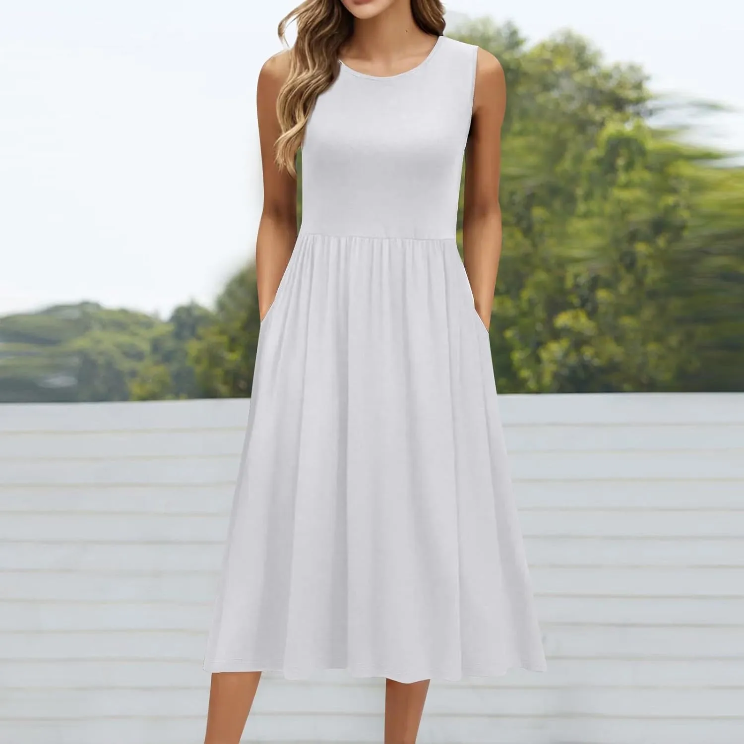 Summer Dresses for Women 2025 Crew Neck Sleeveless Dress Boho Beach Vacation Dress Floral Midi Dress with Pockets