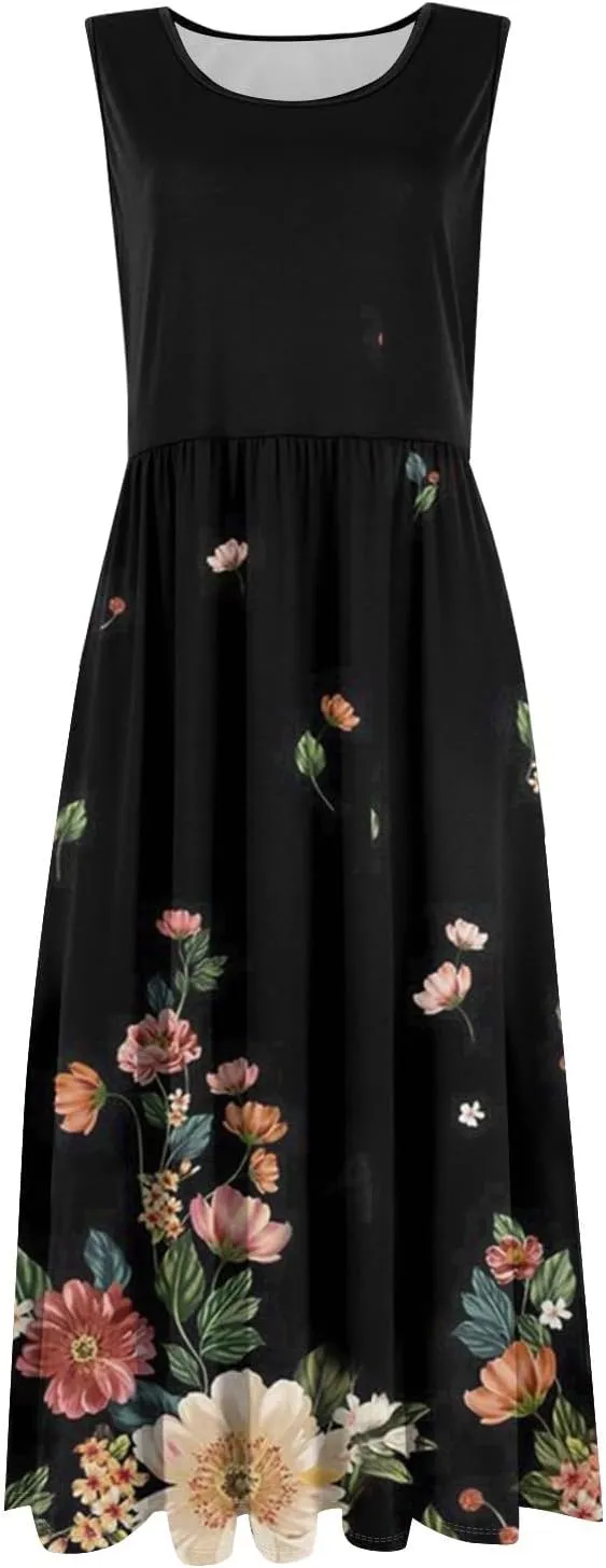 Summer Dresses for Women 2025 Crew Neck Sleeveless Dress Boho Beach Vacation Dress Floral Midi Dress with Pockets
