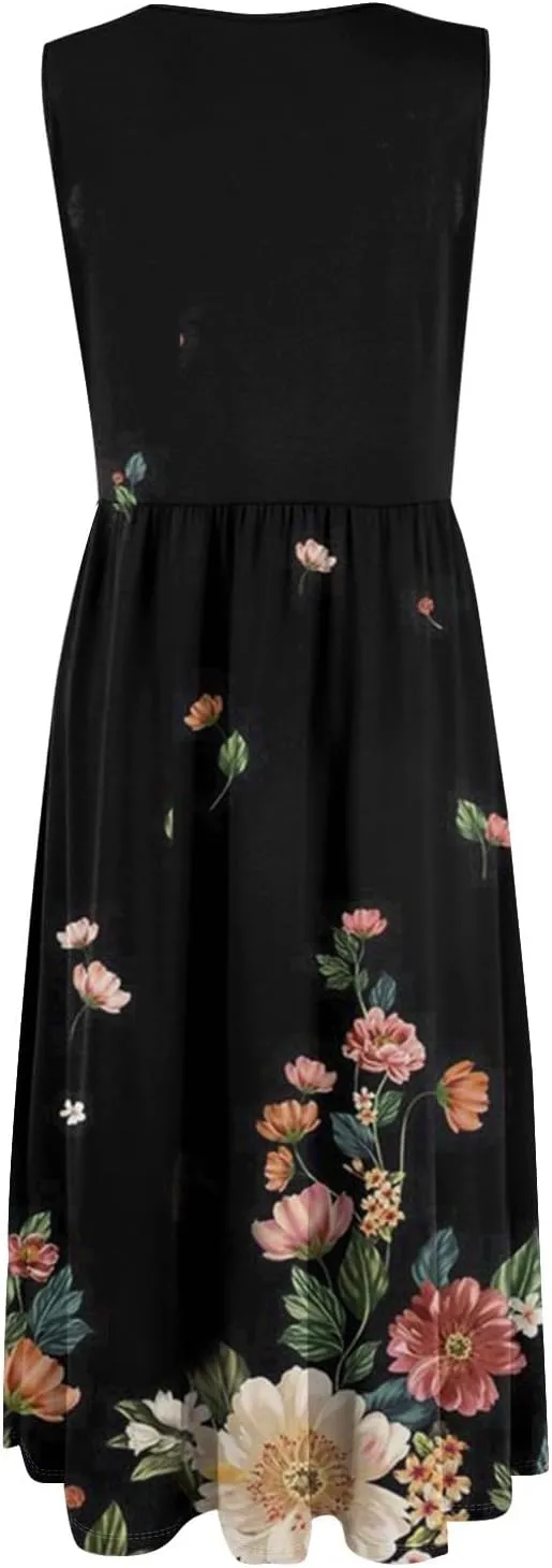 Summer Dresses for Women 2025 Crew Neck Sleeveless Dress Boho Beach Vacation Dress Floral Midi Dress with Pockets