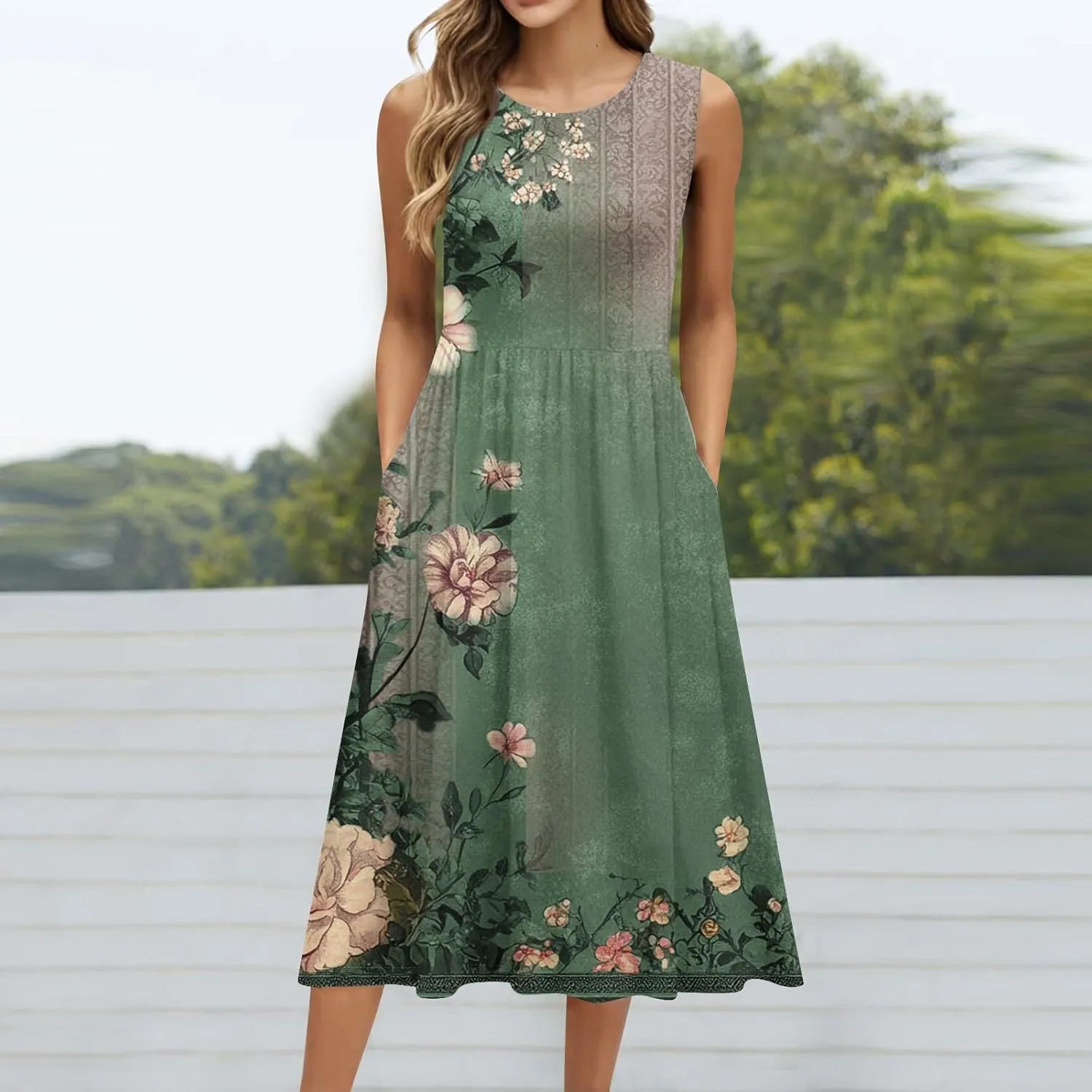 Summer Dresses for Women 2025 Crew Neck Sleeveless Dress Boho Beach Vacation Dress Floral Midi Dress with Pockets