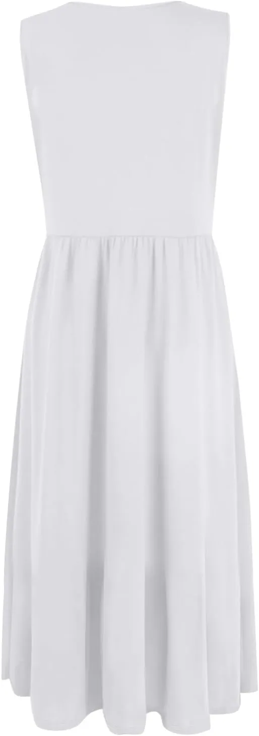 Summer Dresses for Women 2025 Crew Neck Sleeveless Dress Boho Beach Vacation Dress Floral Midi Dress with Pockets