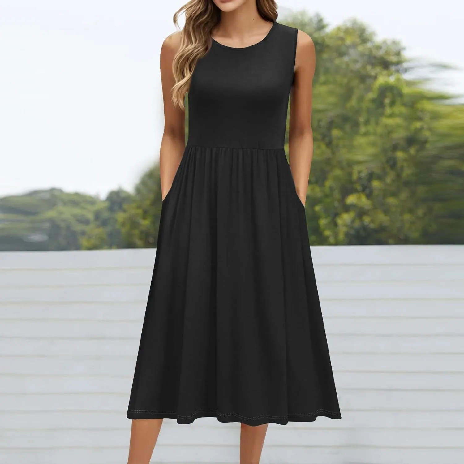 Summer Dresses for Women 2025 Crew Neck Sleeveless Dress Boho Beach Vacation Dress Floral Midi Dress with Pockets
