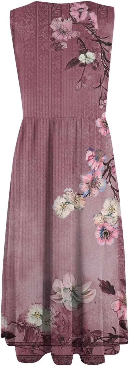 Summer Dresses for Women 2025 Crew Neck Sleeveless Dress Boho Beach Vacation Dress Floral Midi Dress with Pockets