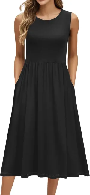 Summer Dresses for Women 2025 Crew Neck Sleeveless Dress Boho Beach Vacation Dress Floral Midi Dress with Pockets