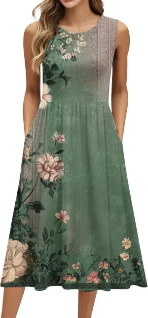 Summer Dresses for Women 2025 Crew Neck Sleeveless Dress Boho Beach Vacation Dress Floral Midi Dress with Pockets