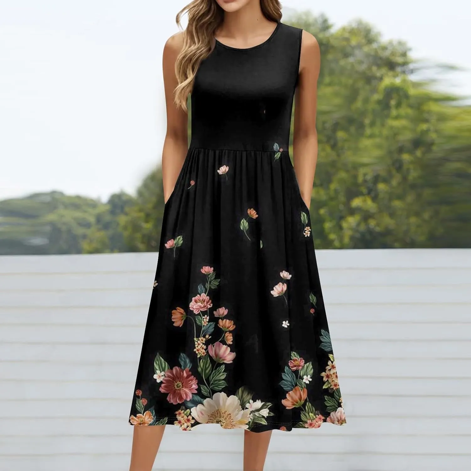Summer Dresses for Women 2025 Crew Neck Sleeveless Dress Boho Beach Vacation Dress Floral Midi Dress with Pockets