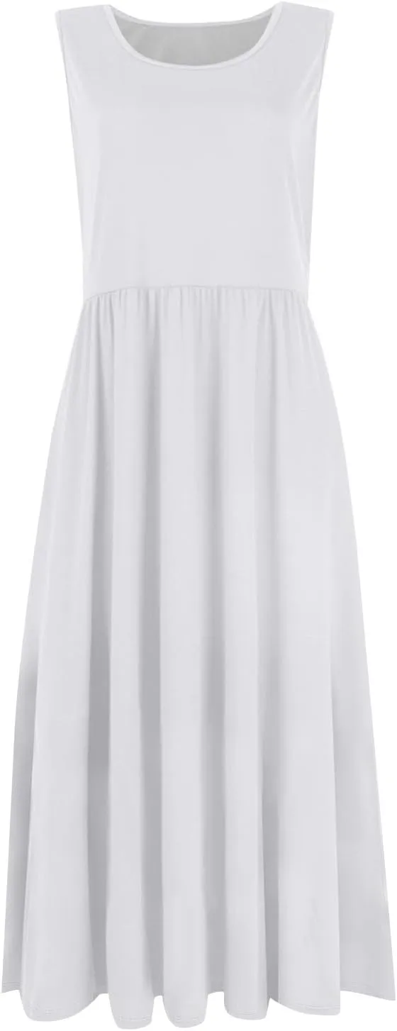 Summer Dresses for Women 2025 Crew Neck Sleeveless Dress Boho Beach Vacation Dress Floral Midi Dress with Pockets