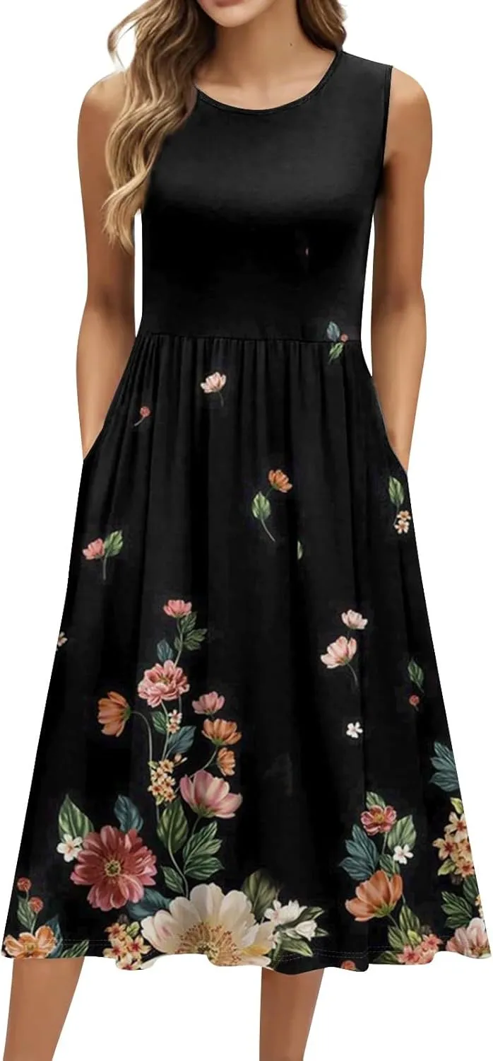 Summer Dresses for Women 2025 Crew Neck Sleeveless Dress Boho Beach Vacation Dress Floral Midi Dress with Pockets