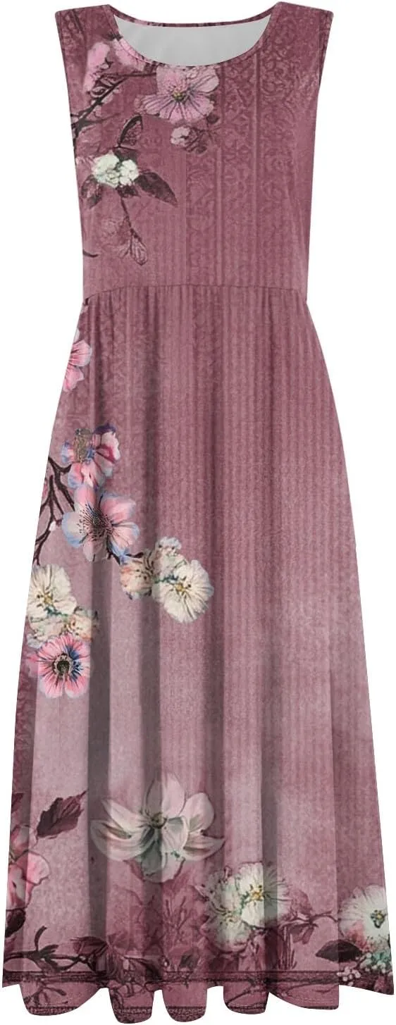 Summer Dresses for Women 2025 Crew Neck Sleeveless Dress Boho Beach Vacation Dress Floral Midi Dress with Pockets