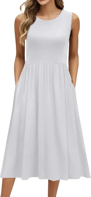 Summer Dresses for Women 2025 Crew Neck Sleeveless Dress Boho Beach Vacation Dress Floral Midi Dress with Pockets