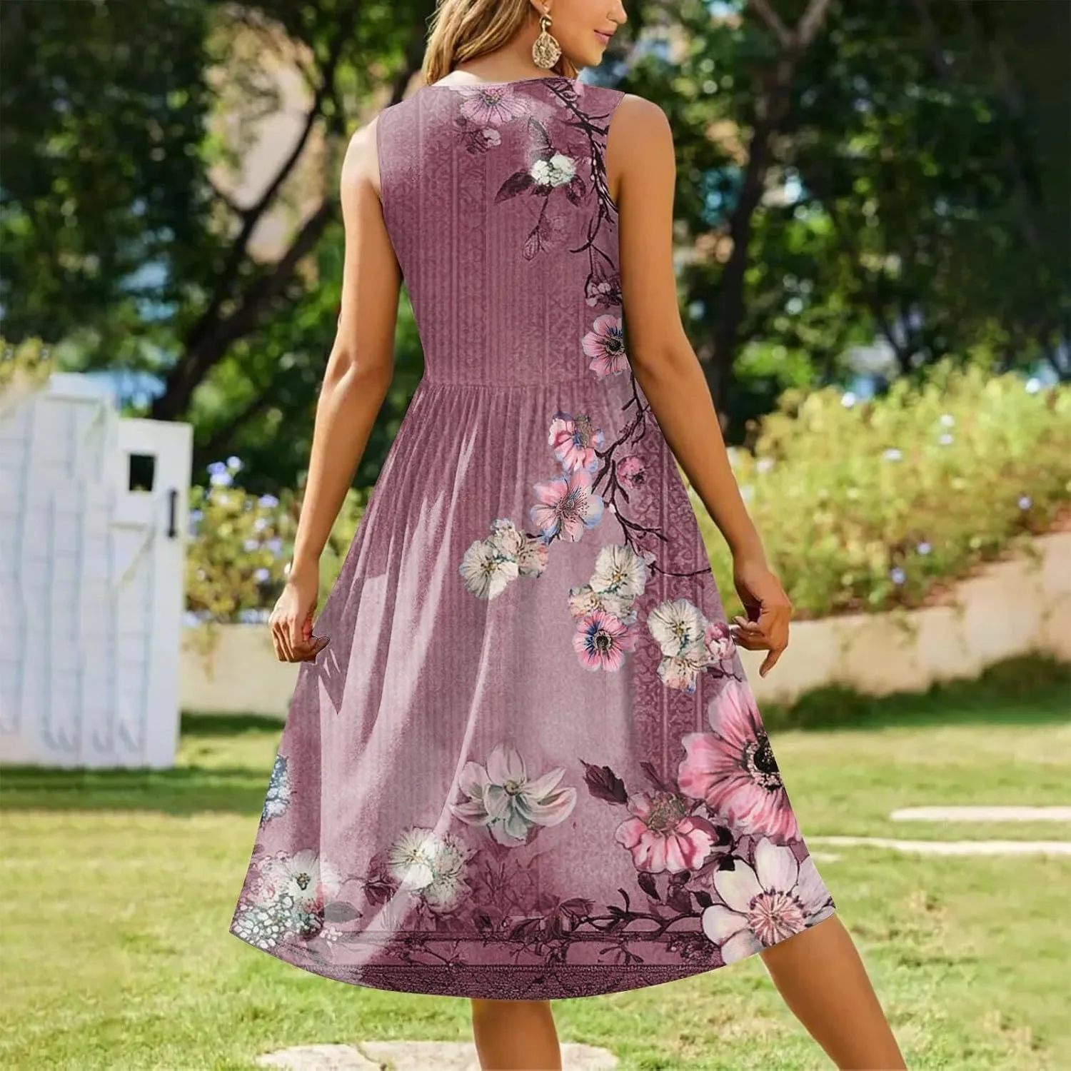 Summer Dresses for Women 2025 Crew Neck Sleeveless Dress Boho Beach Vacation Dress Floral Midi Dress with Pockets