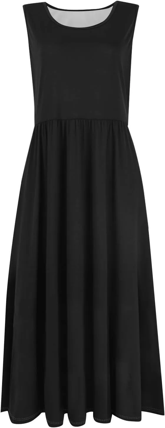Summer Dresses for Women 2025 Crew Neck Sleeveless Dress Boho Beach Vacation Dress Floral Midi Dress with Pockets