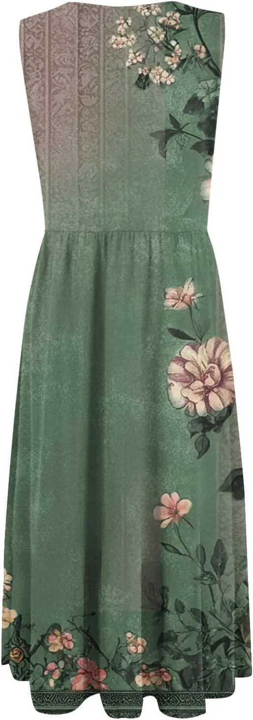 Summer Dresses for Women 2025 Crew Neck Sleeveless Dress Boho Beach Vacation Dress Floral Midi Dress with Pockets