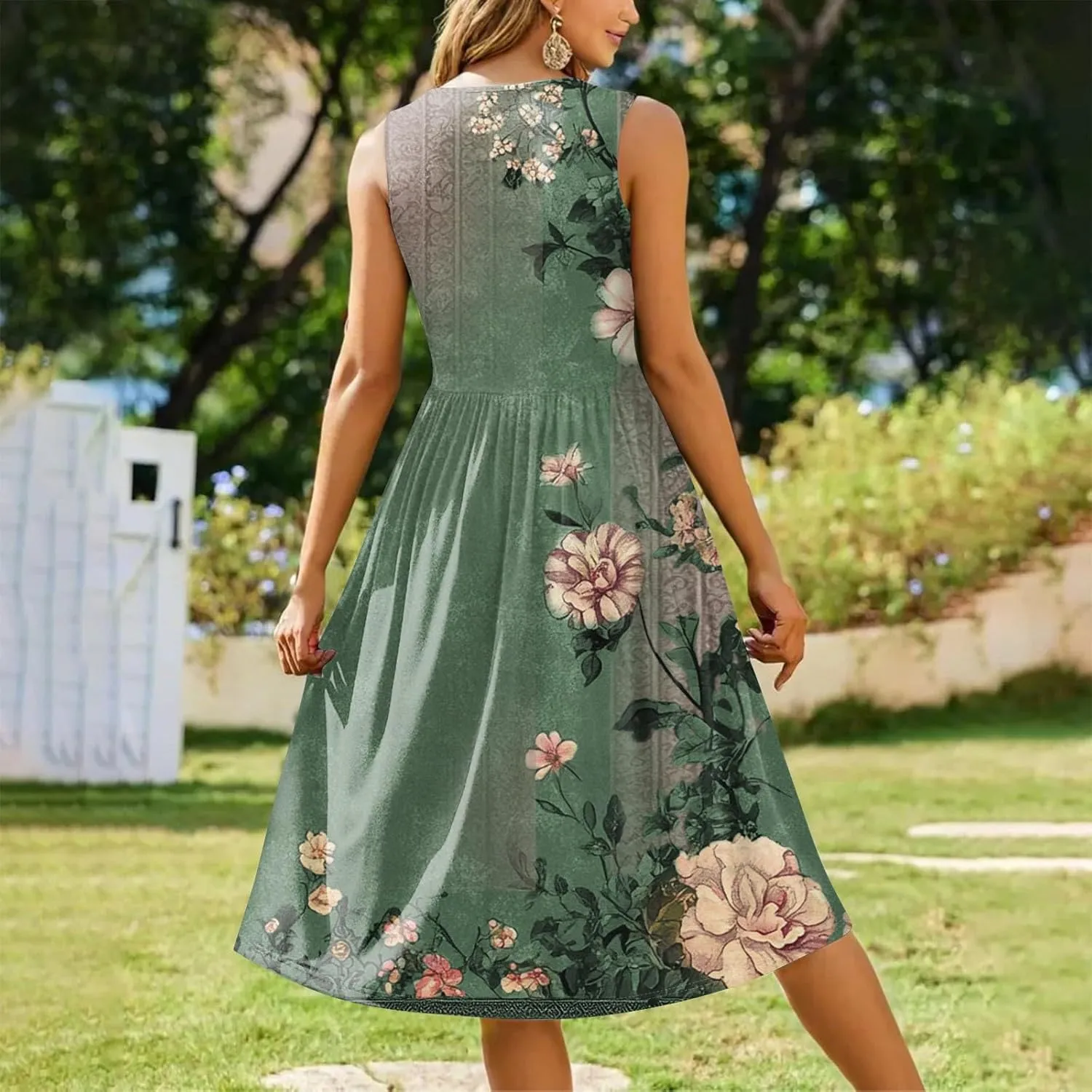 Summer Dresses for Women 2025 Crew Neck Sleeveless Dress Boho Beach Vacation Dress Floral Midi Dress with Pockets