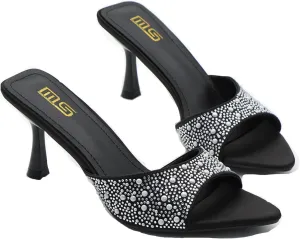 Tokouk Women's Rhinestone Pointed Toe Stiletto Sexy Mules Slippers Slides Fashion Slip On Backless Summer Kitten High Heels Dress Wedding sandals for Party Prom