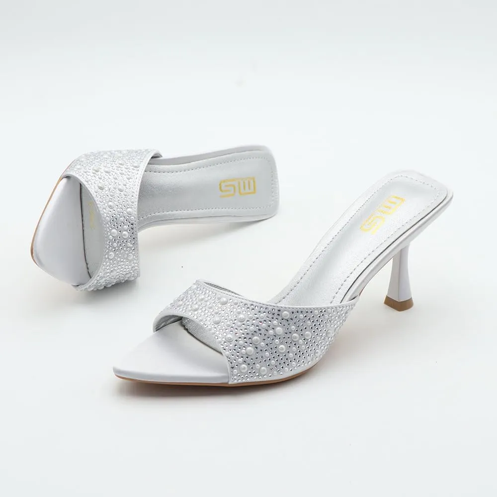 Tokouk Women's Rhinestone Pointed Toe Stiletto Sexy Mules Slippers Slides Fashion Slip On Backless Summer Kitten High Heels Dress Wedding sandals for Party Prom