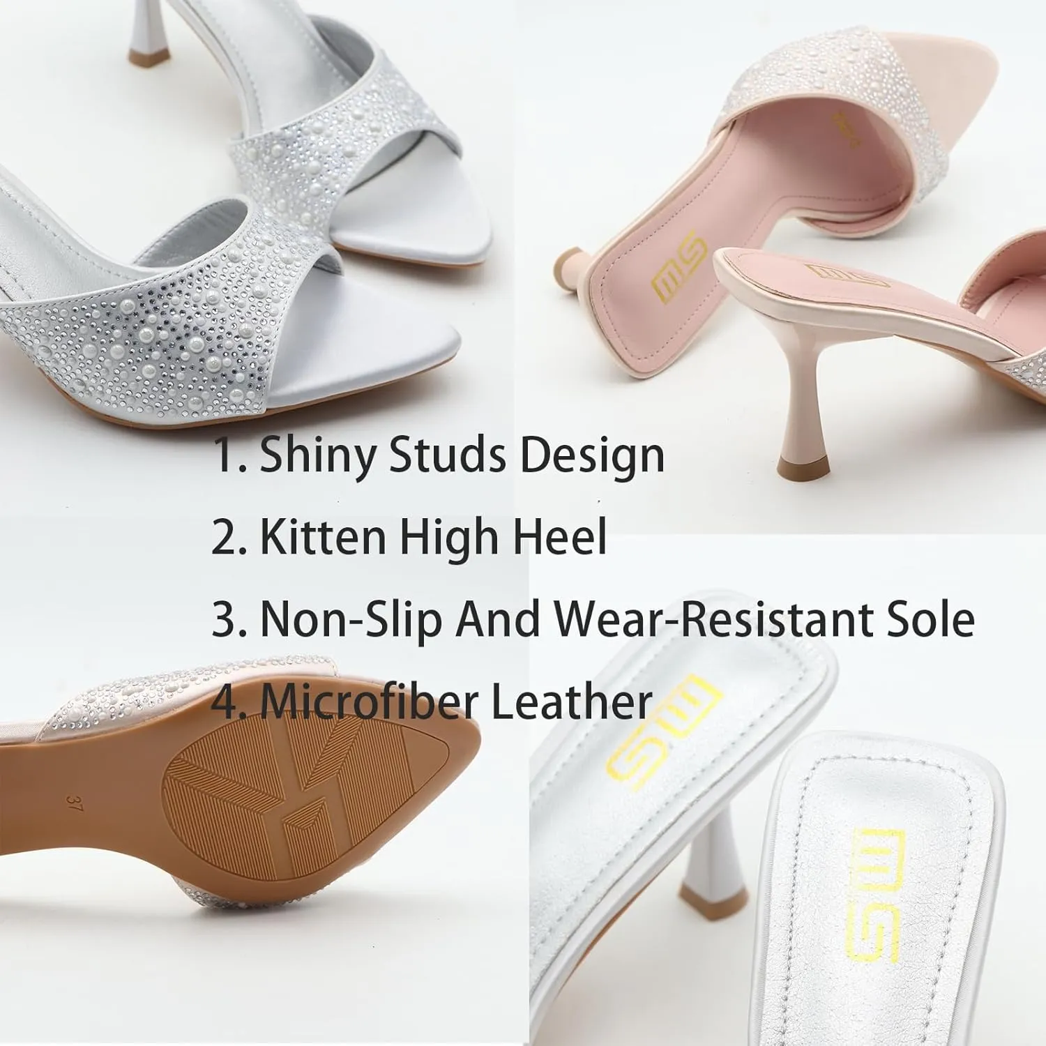 Tokouk Women's Rhinestone Pointed Toe Stiletto Sexy Mules Slippers Slides Fashion Slip On Backless Summer Kitten High Heels Dress Wedding sandals for Party Prom
