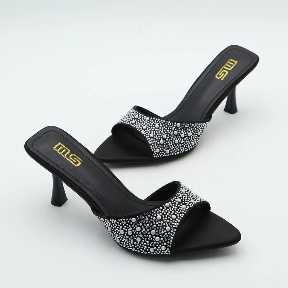 Tokouk Women's Rhinestone Pointed Toe Stiletto Sexy Mules Slippers Slides Fashion Slip On Backless Summer Kitten High Heels Dress Wedding sandals for Party Prom