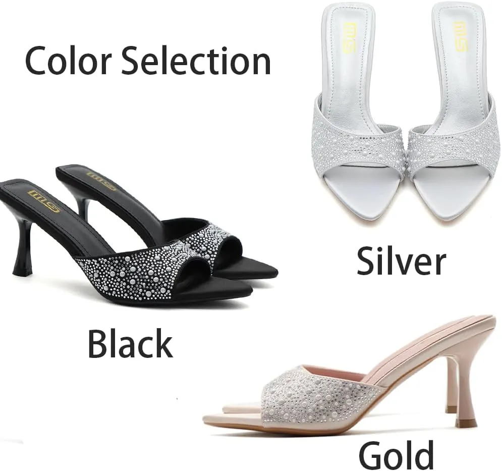Tokouk Women's Rhinestone Pointed Toe Stiletto Sexy Mules Slippers Slides Fashion Slip On Backless Summer Kitten High Heels Dress Wedding sandals for Party Prom