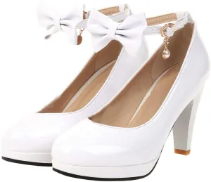 UniqueStride Womens Ankle Strap Block High Heel Pumps Chunky Heels Platform Round Toe Wedding Party Dress Elegant Bow Patent Leather Shoes