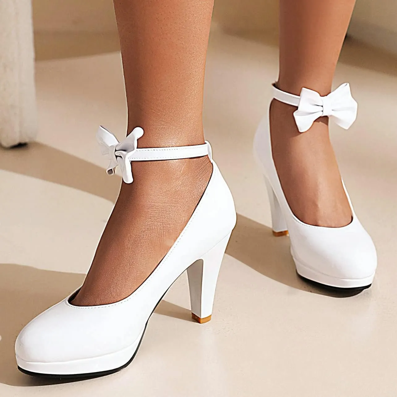 UniqueStride Womens Ankle Strap Block High Heel Pumps Chunky Heels Platform Round Toe Wedding Party Dress Elegant Bow Patent Leather Shoes