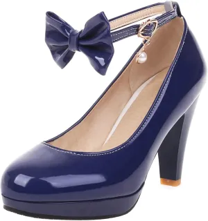 UniqueStride Womens Ankle Strap Block High Heel Pumps Chunky Heels Platform Round Toe Wedding Party Dress Elegant Bow Patent Leather Shoes