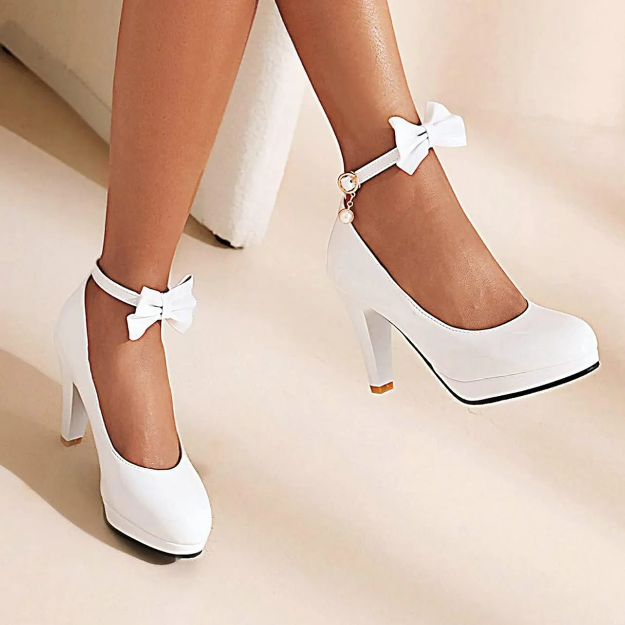 UniqueStride Womens Ankle Strap Block High Heel Pumps Chunky Heels Platform Round Toe Wedding Party Dress Elegant Bow Patent Leather Shoes