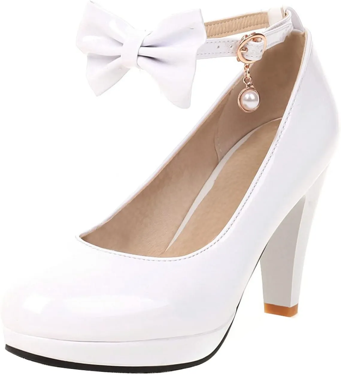 UniqueStride Womens Ankle Strap Block High Heel Pumps Chunky Heels Platform Round Toe Wedding Party Dress Elegant Bow Patent Leather Shoes