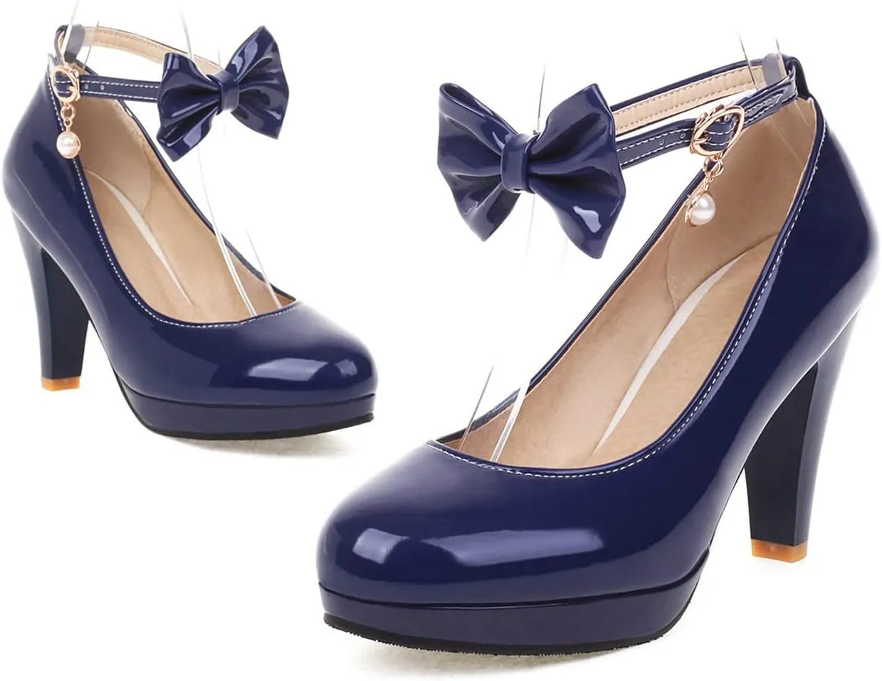 UniqueStride Womens Ankle Strap Block High Heel Pumps Chunky Heels Platform Round Toe Wedding Party Dress Elegant Bow Patent Leather Shoes