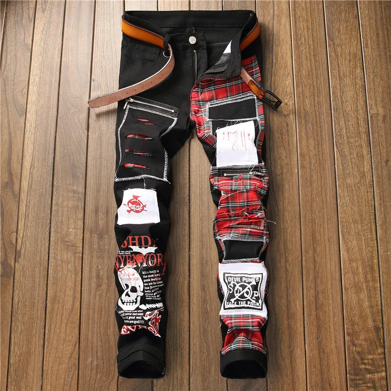 Vintage Patchwork Men's Jeans Mid Waisted Straight Pants