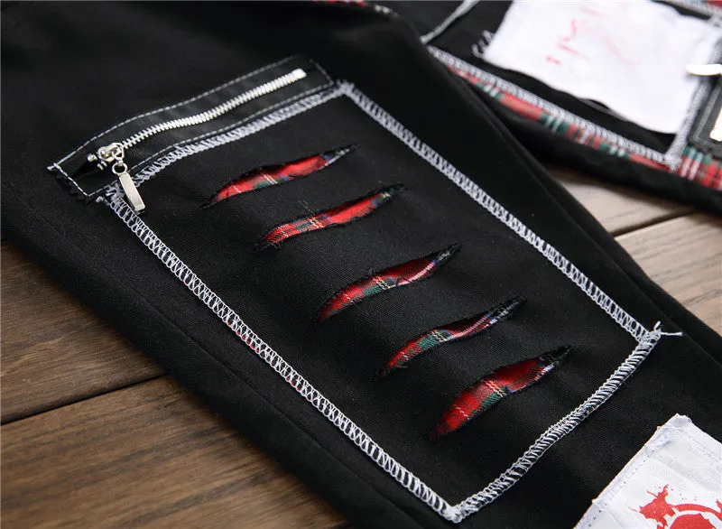Vintage Patchwork Men's Jeans Mid Waisted Straight Pants