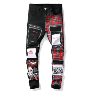 Vintage Patchwork Men's Jeans Mid Waisted Straight Pants