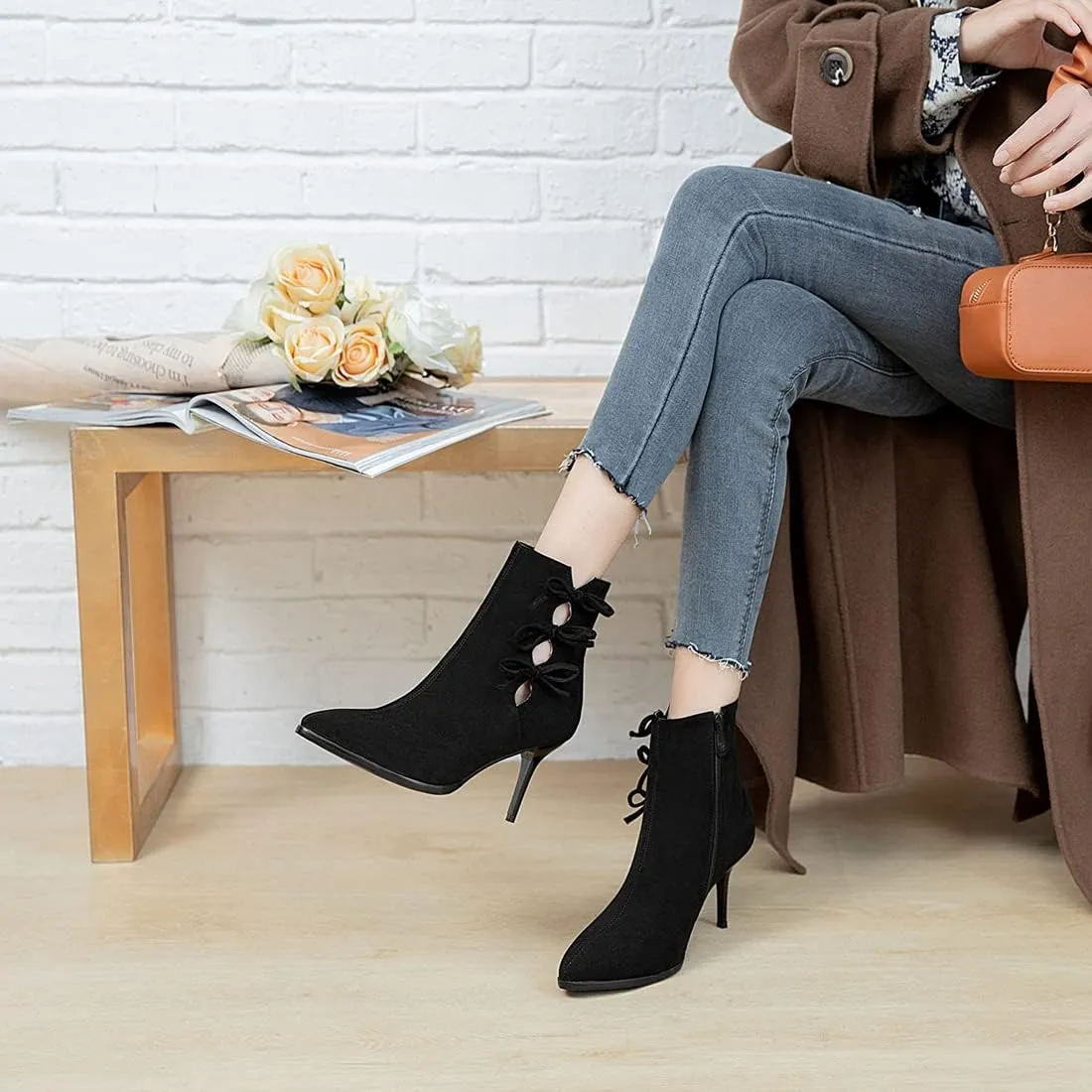 VOKLIN Women's Pointed Toe Elegant Dressy Ankle Boots Fashion Bowtie Stilettos High Heel Dress Short Booties