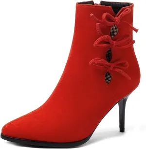 VOKLIN Women's Pointed Toe Elegant Dressy Ankle Boots Fashion Bowtie Stilettos High Heel Dress Short Booties