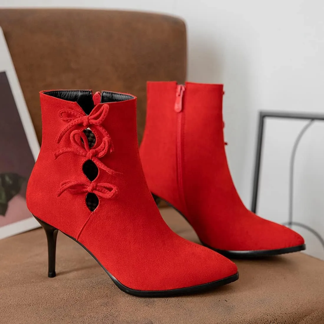 VOKLIN Women's Pointed Toe Elegant Dressy Ankle Boots Fashion Bowtie Stilettos High Heel Dress Short Booties