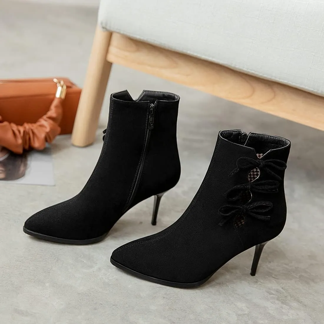 VOKLIN Women's Pointed Toe Elegant Dressy Ankle Boots Fashion Bowtie Stilettos High Heel Dress Short Booties
