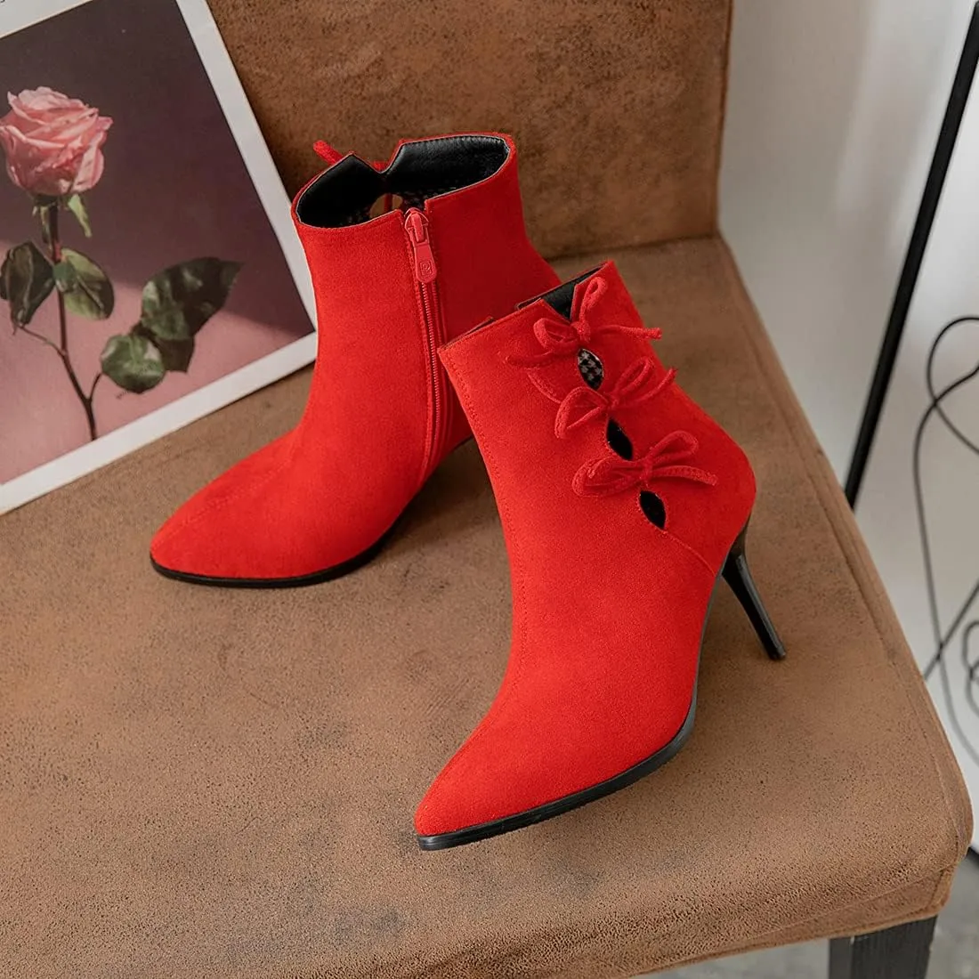 VOKLIN Women's Pointed Toe Elegant Dressy Ankle Boots Fashion Bowtie Stilettos High Heel Dress Short Booties