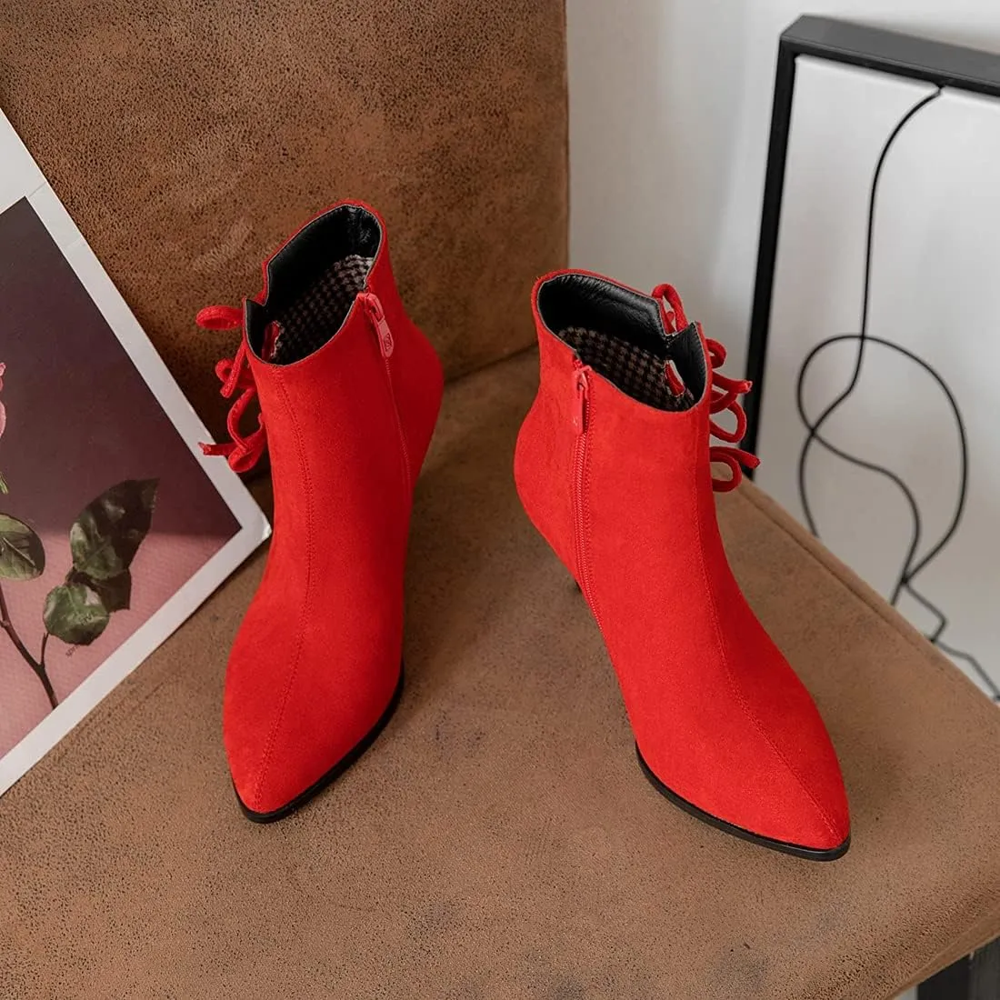 VOKLIN Women's Pointed Toe Elegant Dressy Ankle Boots Fashion Bowtie Stilettos High Heel Dress Short Booties