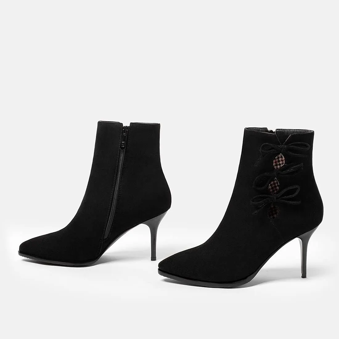 VOKLIN Women's Pointed Toe Elegant Dressy Ankle Boots Fashion Bowtie Stilettos High Heel Dress Short Booties