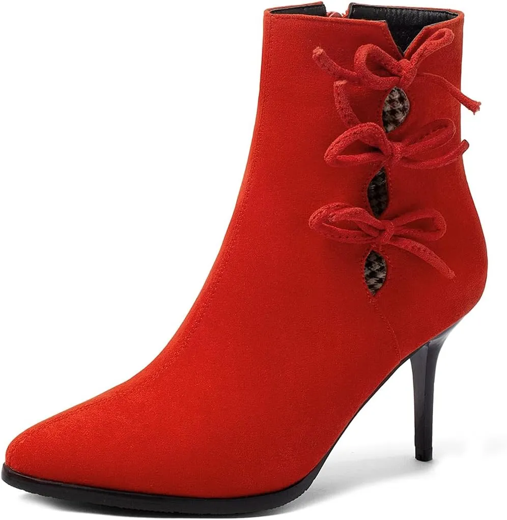 VOKLIN Women's Pointed Toe Elegant Dressy Ankle Boots Fashion Bowtie Stilettos High Heel Dress Short Booties