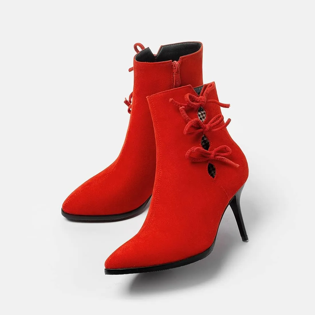 VOKLIN Women's Pointed Toe Elegant Dressy Ankle Boots Fashion Bowtie Stilettos High Heel Dress Short Booties
